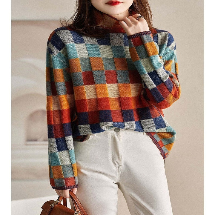 Womens Colorful Plaid Turtleneck Sweater