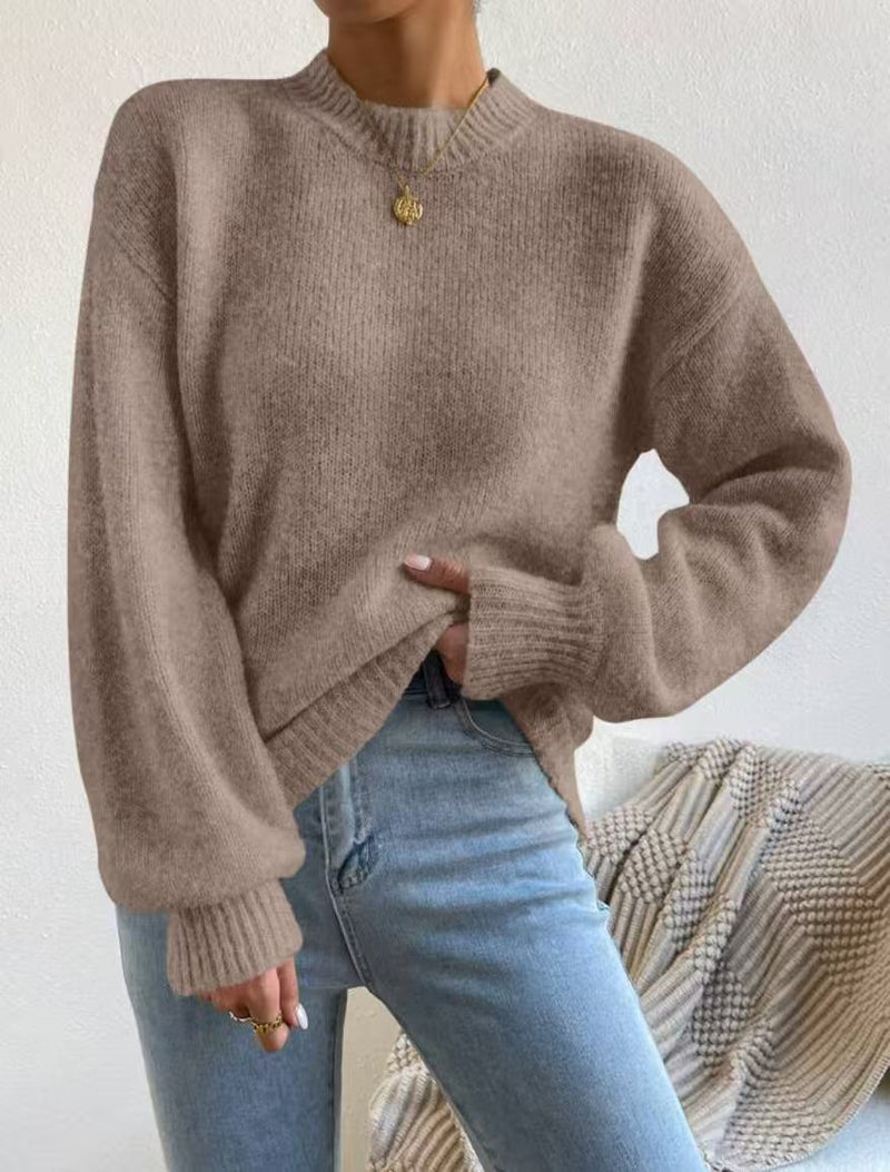 Womens Pure Color Half Collar Pullover Sweater