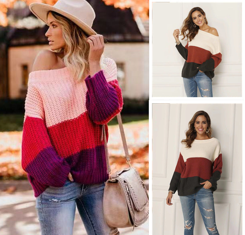 Womens Stitching Knit Sweater Pullover