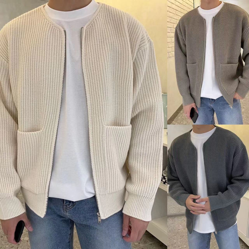 Mens Zip Up Knitted Cardigan Funnel Neck Sweater