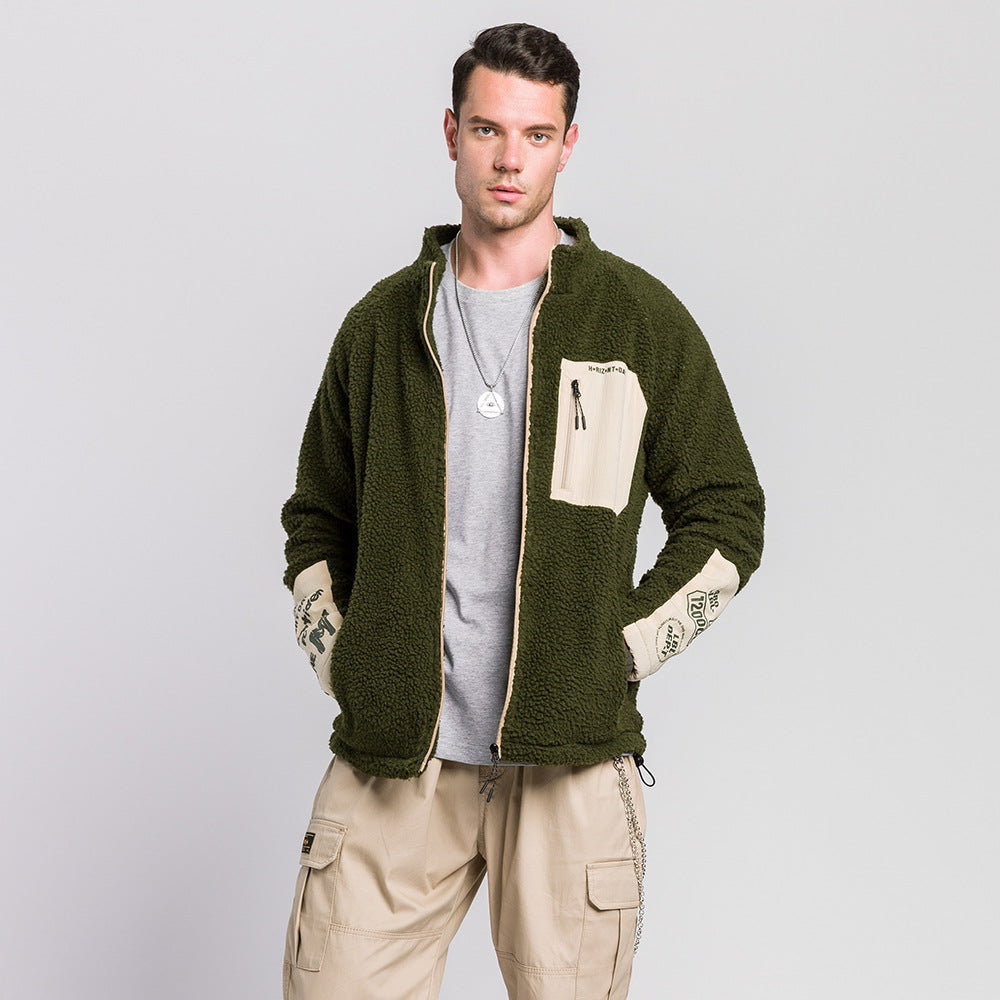 Mens Pocket Raglan Sleeve Stand Collar Cardigan