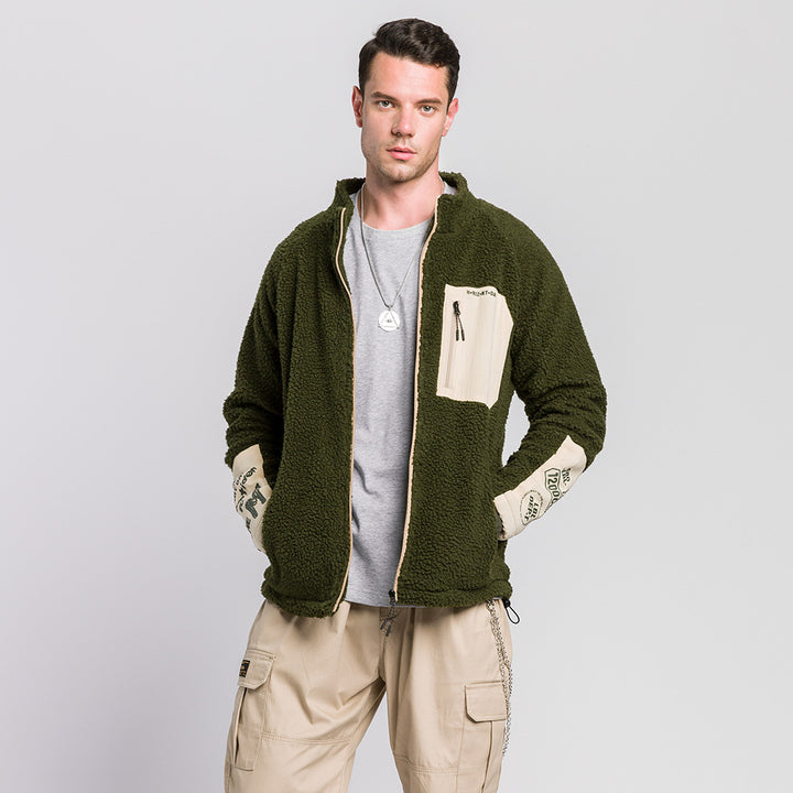 Mens Pocket Raglan Sleeve Stand Collar Cardigan