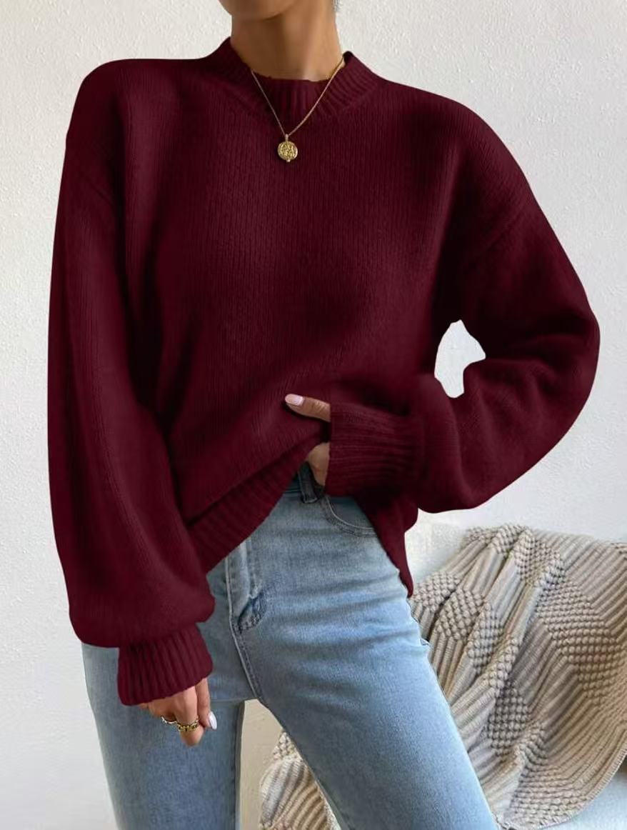 Womens Pure Color Half Collar Pullover Sweater