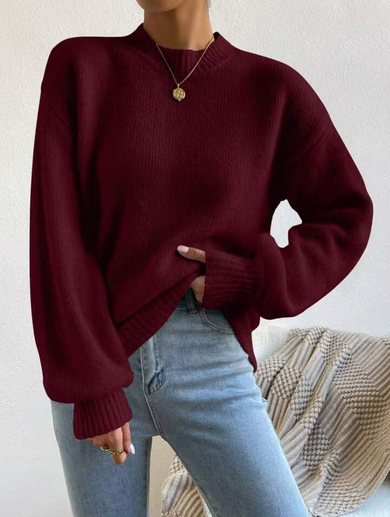 Womens Pure Color Half Collar Pullover Sweater