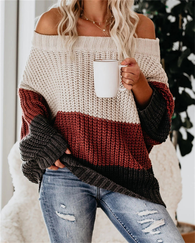 Womens Stitching Knit Sweater Pullover