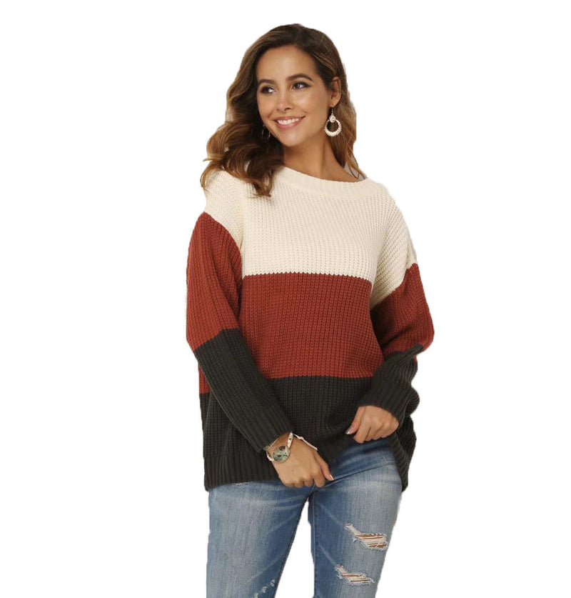 Womens Stitching Knit Sweater Pullover