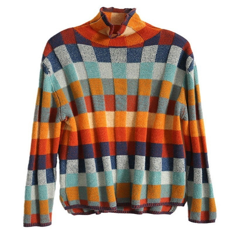 Womens Colorful Plaid Turtleneck Sweater