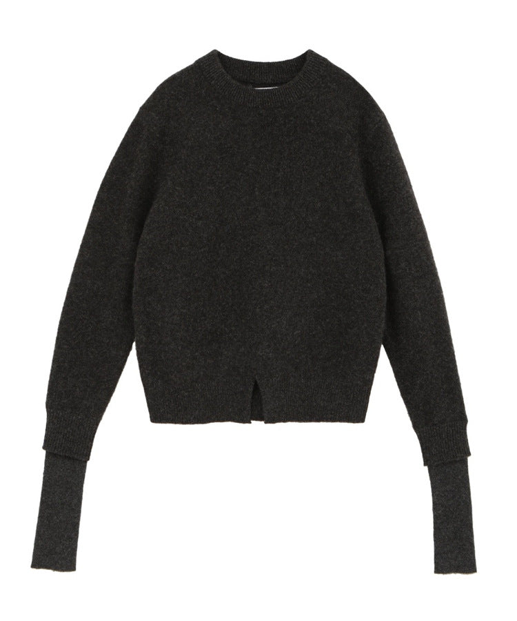 Womens Round Neck Stacked Sleeve Knit Sweater