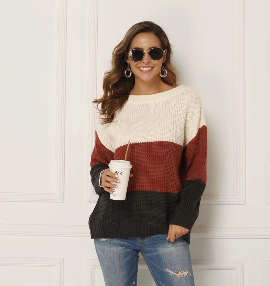 Womens Stitching Knit Sweater Pullover