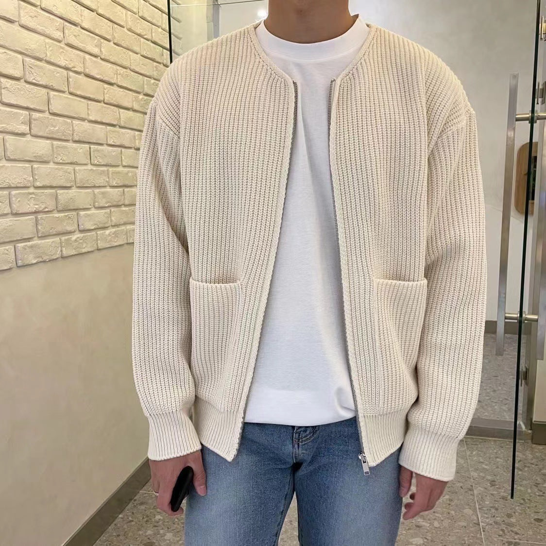 Mens Zip Up Knitted Cardigan Funnel Neck Sweater
