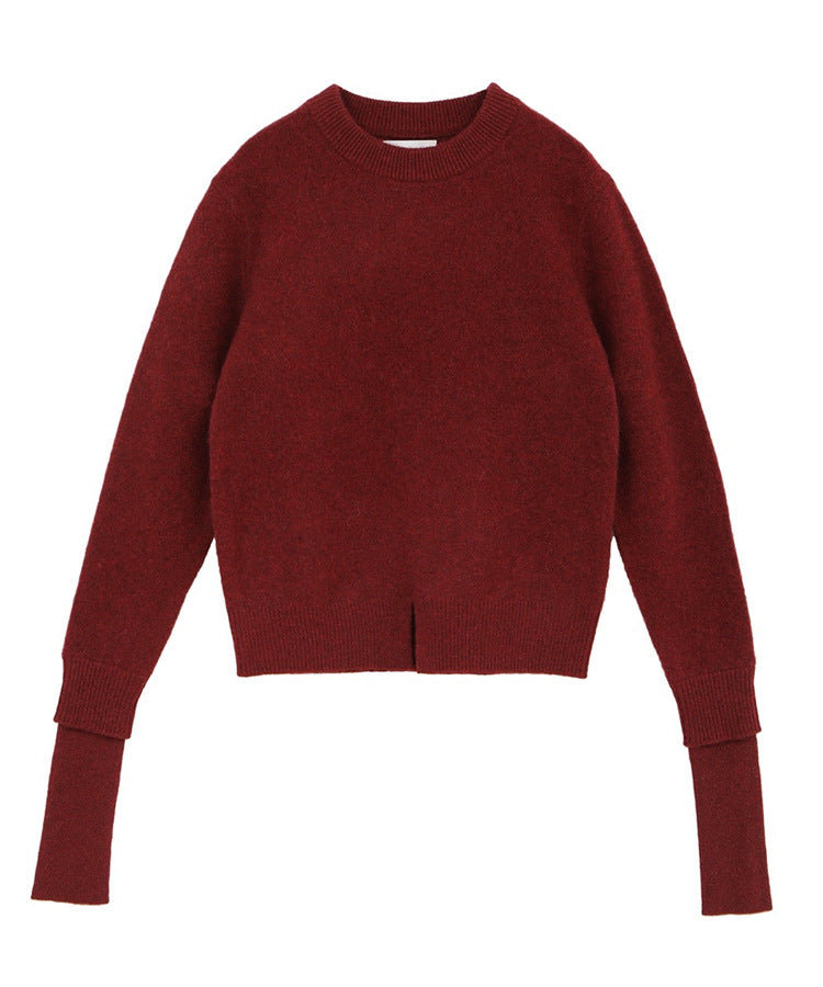 Womens Round Neck Stacked Sleeve Knit Sweater
