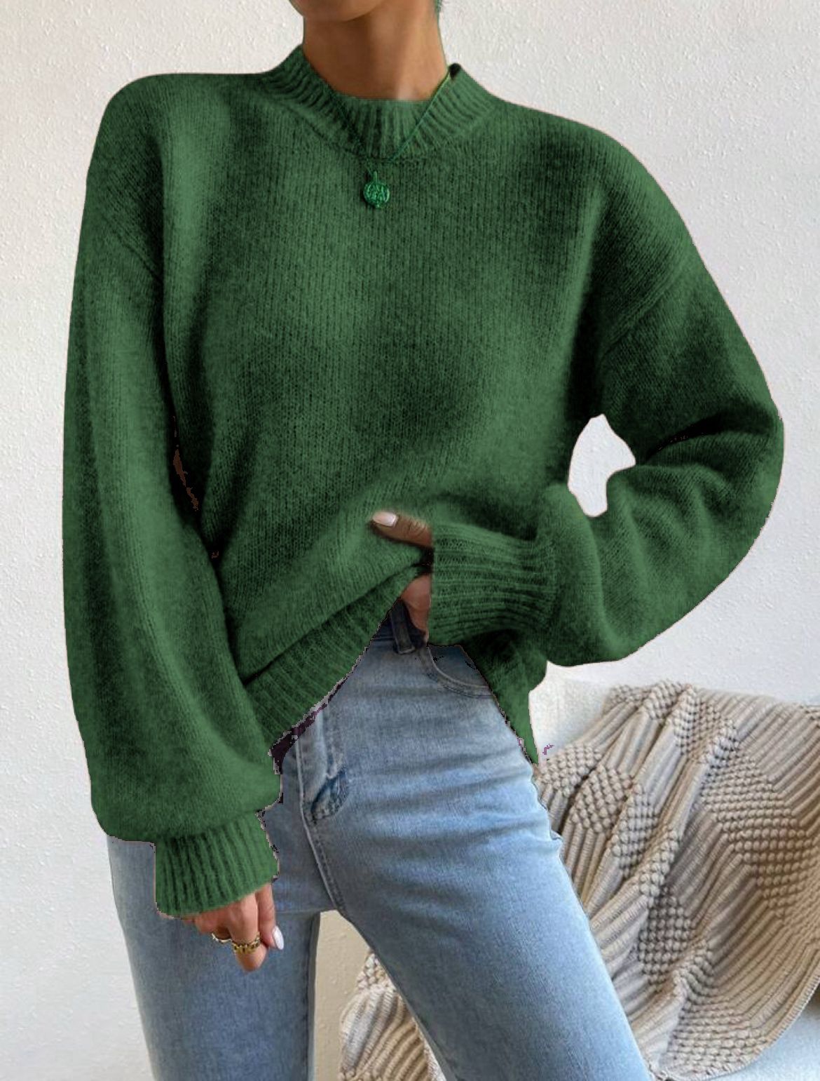 Womens Pure Color Half Collar Pullover Sweater
