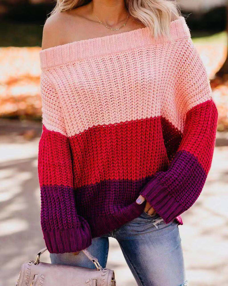 Womens Stitching Knit Sweater Pullover