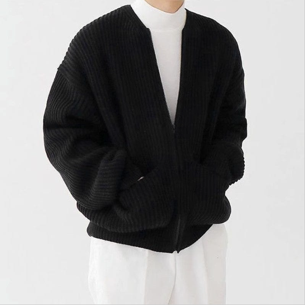 Mens Zip Up Knitted Cardigan Funnel Neck Sweater