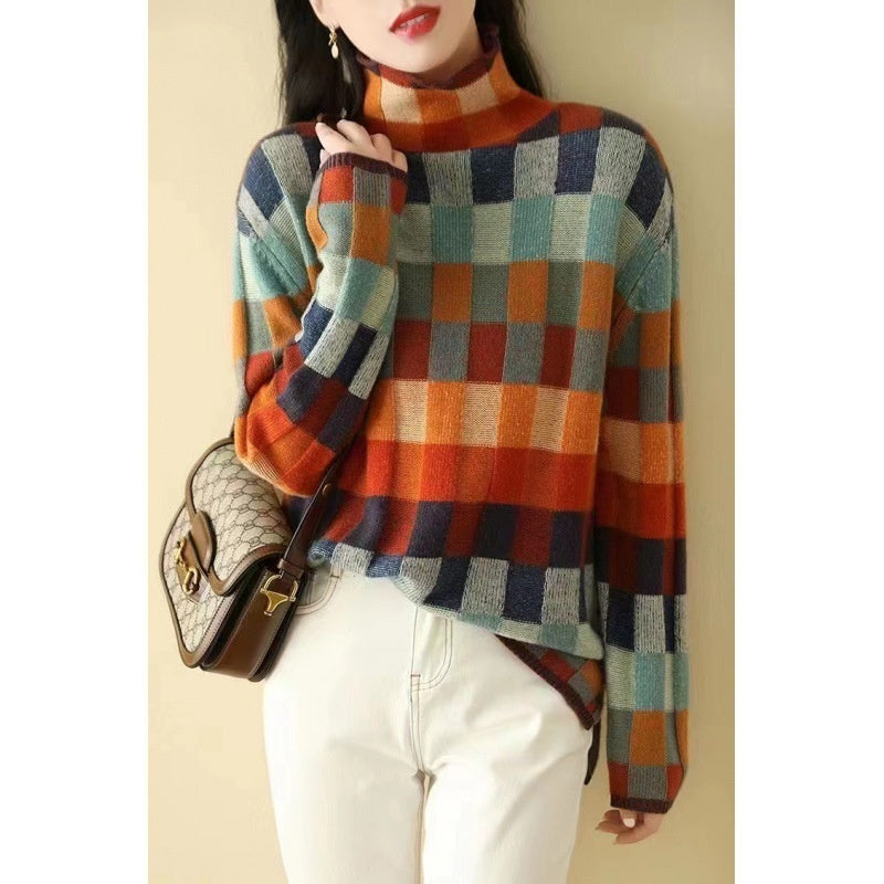 Womens Colorful Plaid Turtleneck Sweater