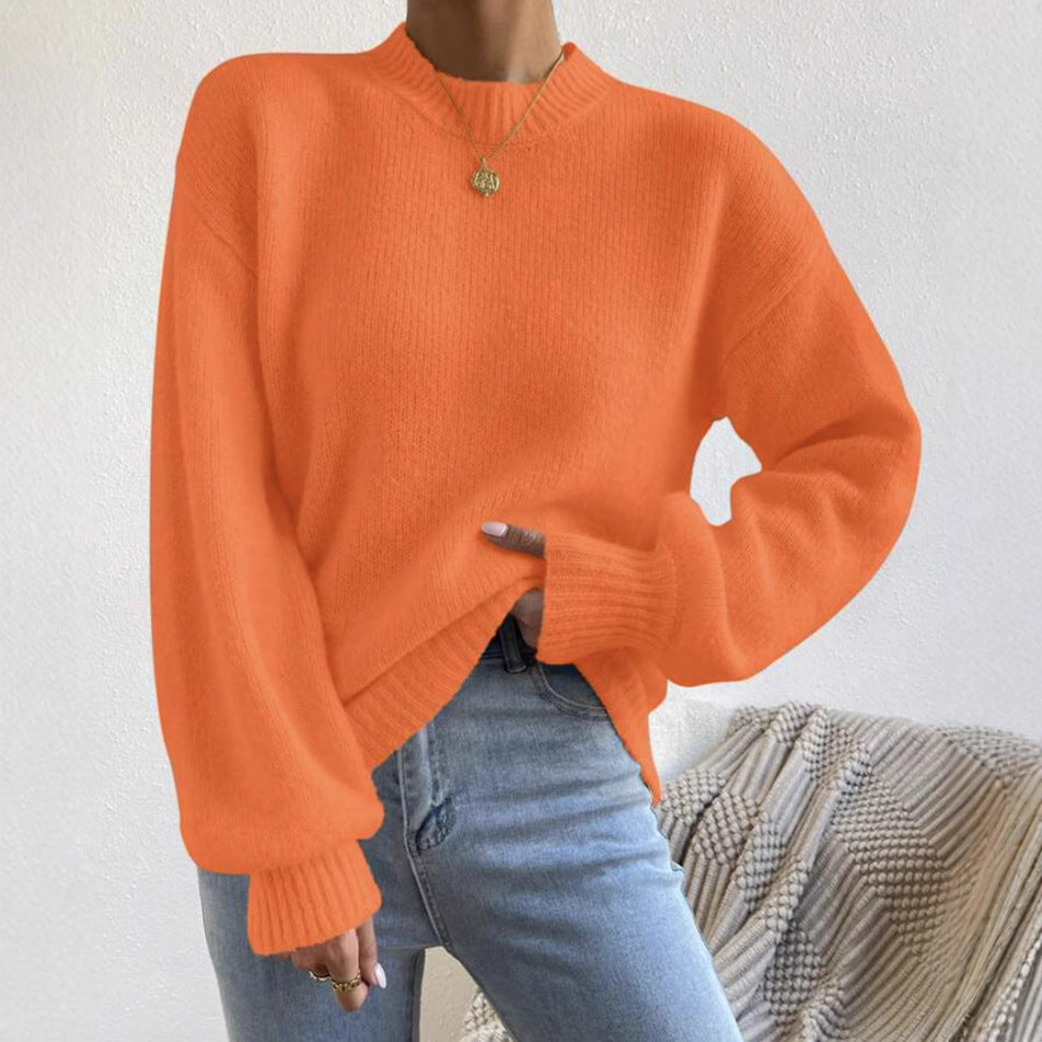 Womens Pure Color Half Collar Pullover Sweater
