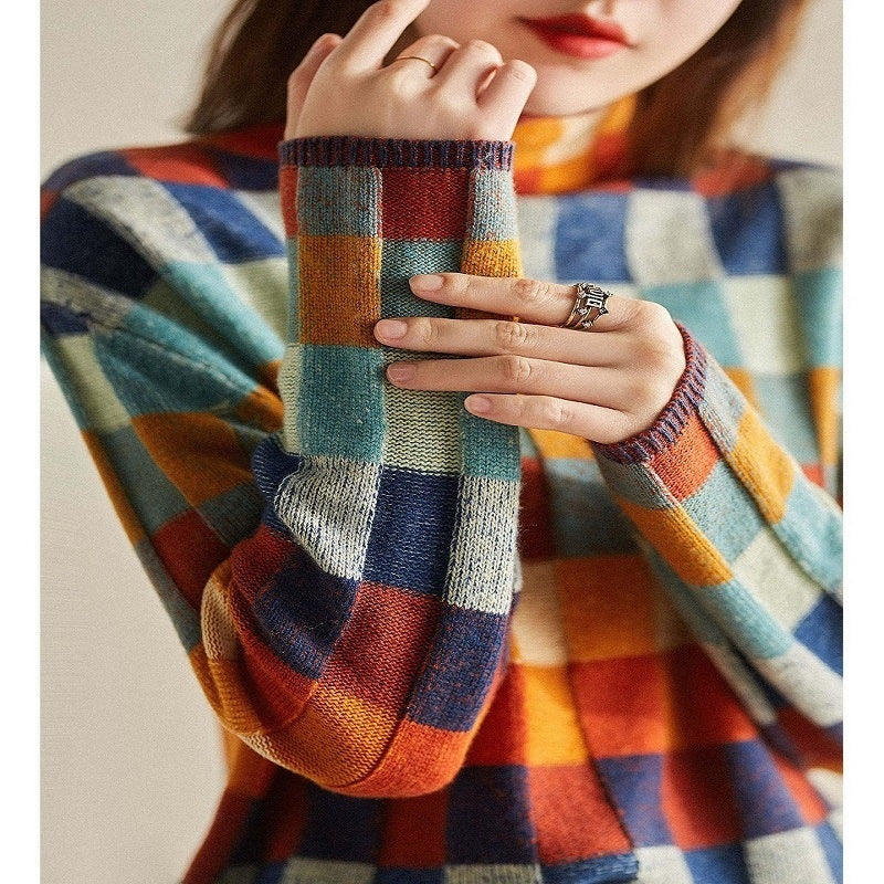 Womens Colorful Plaid Turtleneck Sweater
