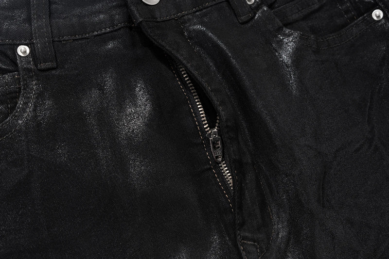 Streetwear Black Wax Leather Strecth Jeans for Men Ropa Hombre Baggy Y2k Flare Pants Oversized Straight Denim Trousers