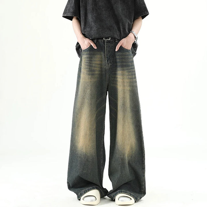 Men Denim Pants Old Blue Washed Male Jeans Straight Casual Menwear Loose Wide Leg Trousers New Fashion Korean High Street Denim