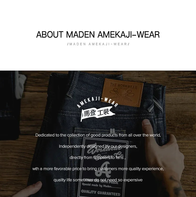 Maden Vintage Raw Denim Jeans for Men Cargo Selvedge Denim Jeans Slim Fit Straight Trousers 13.5OZ Mid Waist Dark Blue Pants