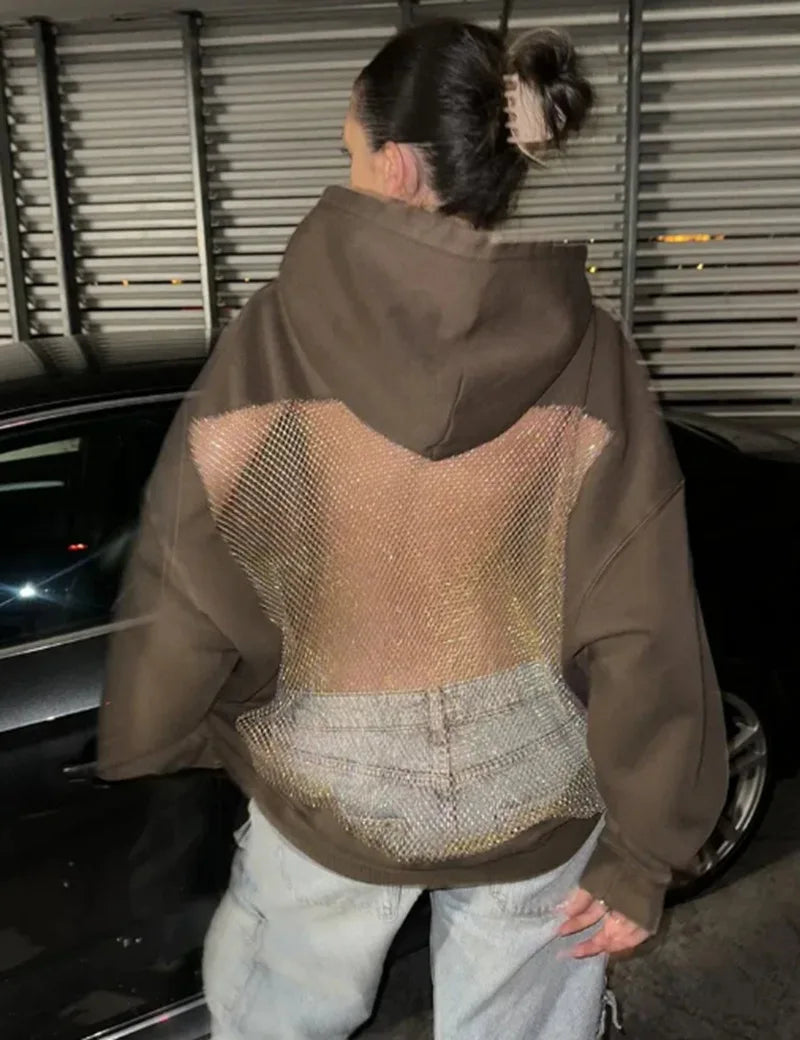 Streetwear Trendy Hoodie Women Fashion Solid Color See Through Backless Hooded Pullover Sweatshirt Female High Street 2025 New