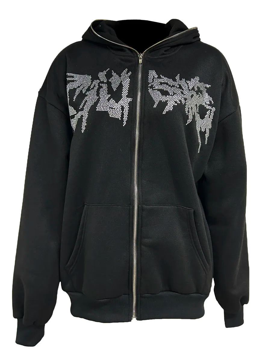 Men Women Hoodie Long Sleeve Hot Fix Drill Zipper Closure Sweatshirt Jacket with Pockets