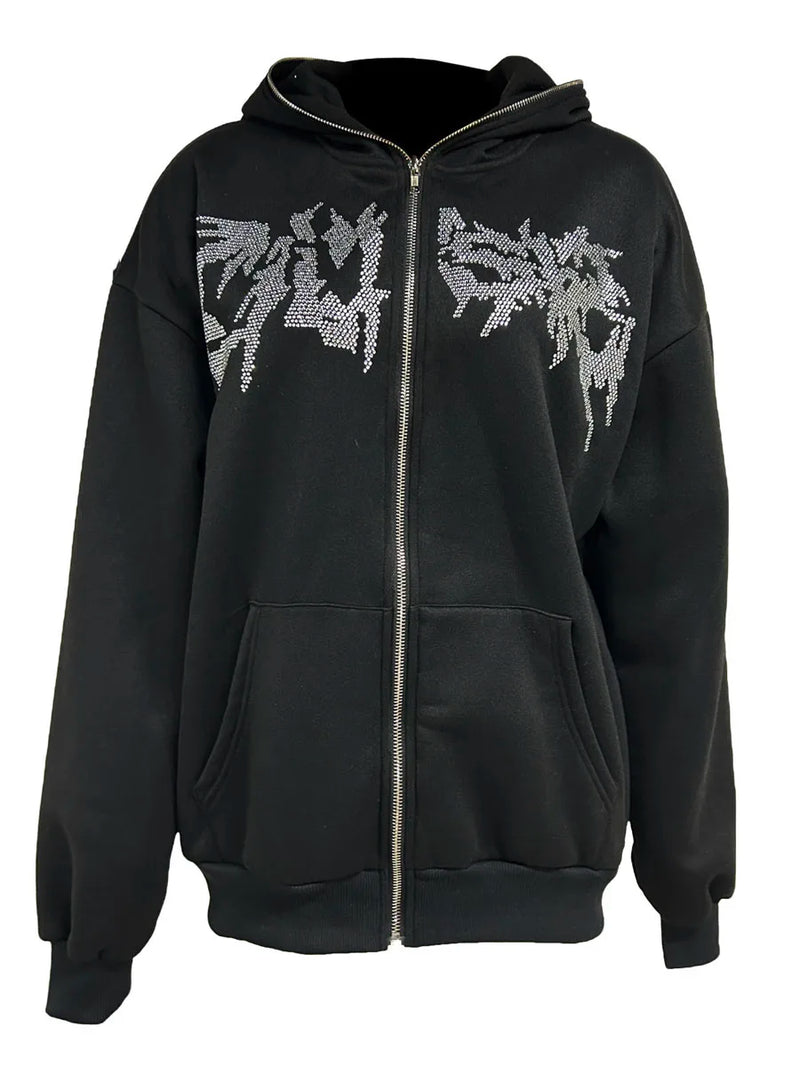 Men Women Hoodie Long Sleeve Hot Fix Drill Zipper Closure Sweatshirt Jacket with Pockets