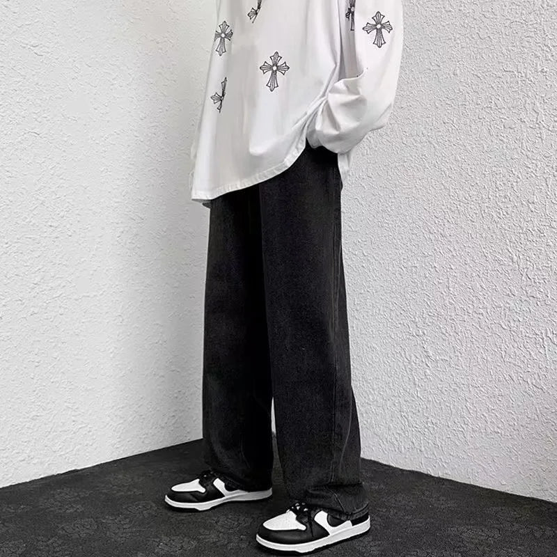 2025 New Streetwear Loose Jeans Men Korean Style Fashion Loose Straight Wide Leg Pants Men's Brand Clothing Black Light Blue 3XL