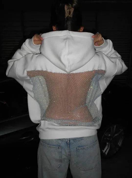 Streetwear Trendy Hoodie Women Fashion Solid Color See Through Backless Hooded Pullover Sweatshirt Female High Street 2025 New