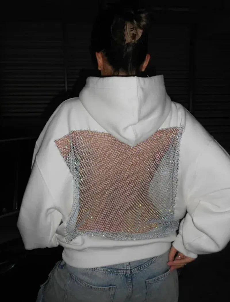 Streetwear Trendy Hoodie Women Fashion Solid Color See Through Backless Hooded Pullover Sweatshirt Female High Street 2025 New