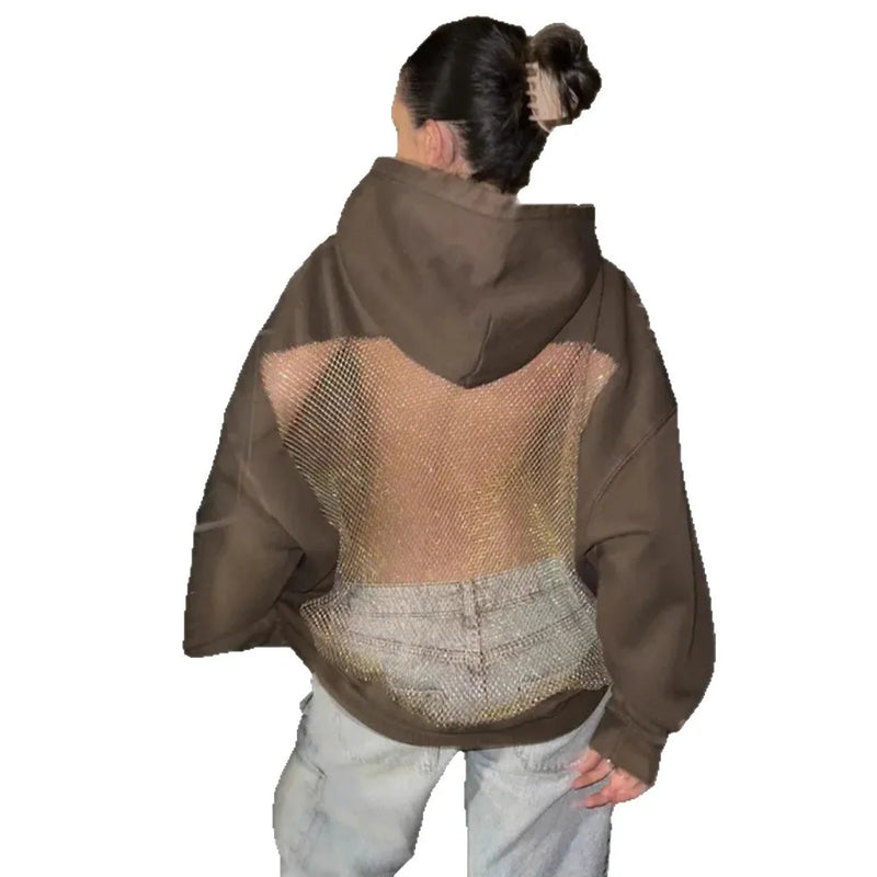 Streetwear Trendy Hoodie Women Fashion Solid Color See Through Backless Hooded Pullover Sweatshirt Female High Street 2025 New