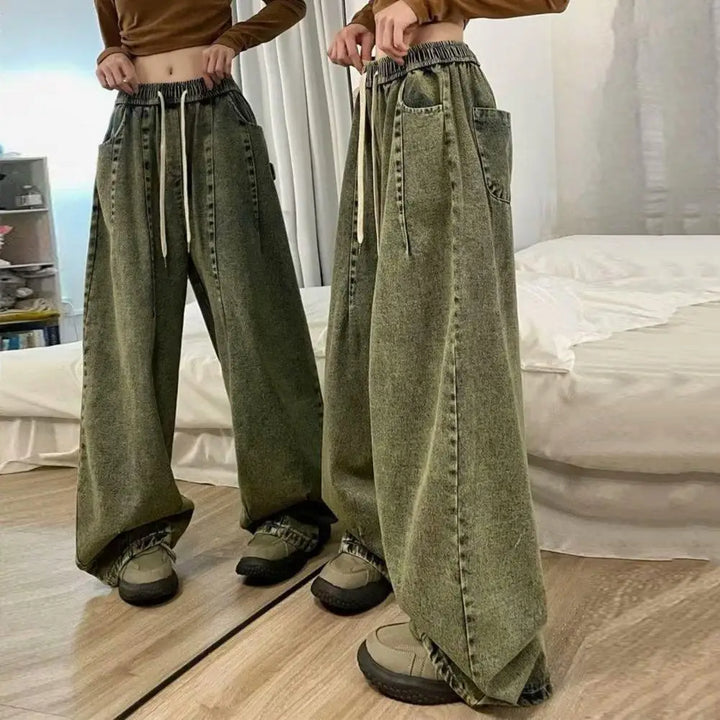 Loose Jeans Unisex Denim Jeans Vintage Wide Leg Denim Jeans with Elastic Waist Deep Crotch Pockets Women's Streetwear for Hip
