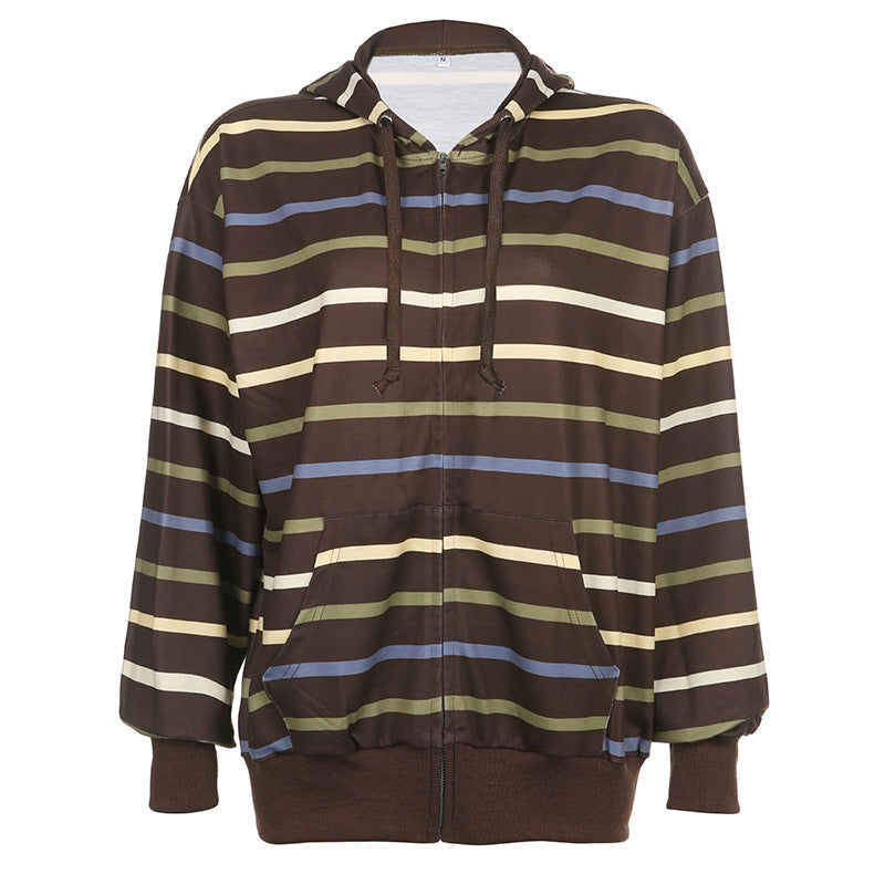 Women Zip Up Drawstring Hoodie Casual Striped Long Sleeve Sweatshirt Jacket Autumn Streetwear