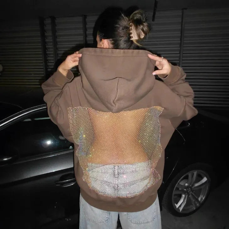 Streetwear Trendy Hoodie Women Fashion Solid Color See Through Backless Hooded Pullover Sweatshirt Female High Street 2025 New