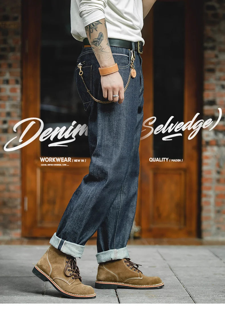 Maden Vintage Raw Denim Jeans for Men Cargo Selvedge Denim Jeans Slim Fit Straight Trousers 13.5OZ Mid Waist Dark Blue Pants