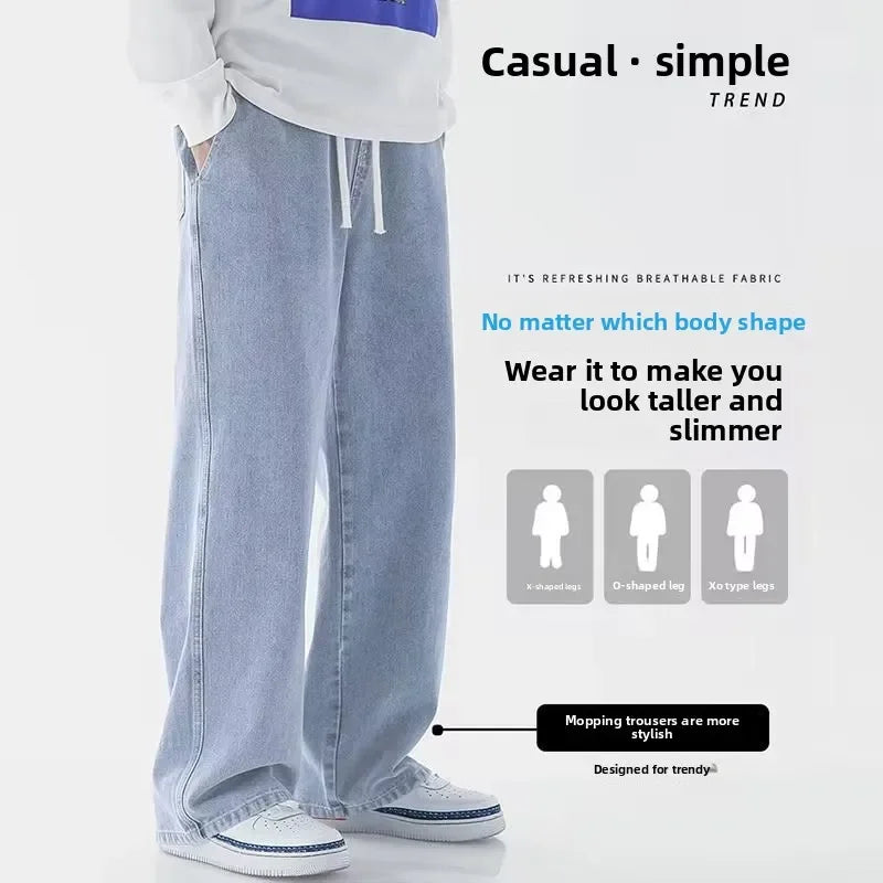 2025 New Streetwear Loose Jeans Men Korean Style Fashion Loose Straight Wide Leg Pants Men's Brand Clothing Black Light Blue