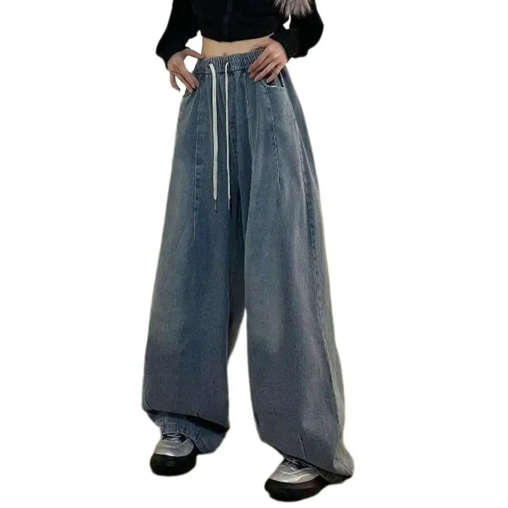 Loose Jeans Unisex Denim Jeans Vintage Wide Leg Denim Jeans with Elastic Waist Deep Crotch Pockets Women's Streetwear for Hip