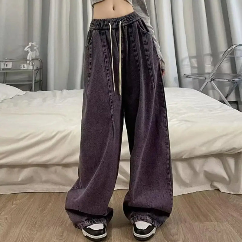 Unisex Denim Jeans Loose Jeans Vintage Wide Leg Denim Jeans with Elastic Waist Crotch Pockets Women's Streetwear Fashion for Hop
