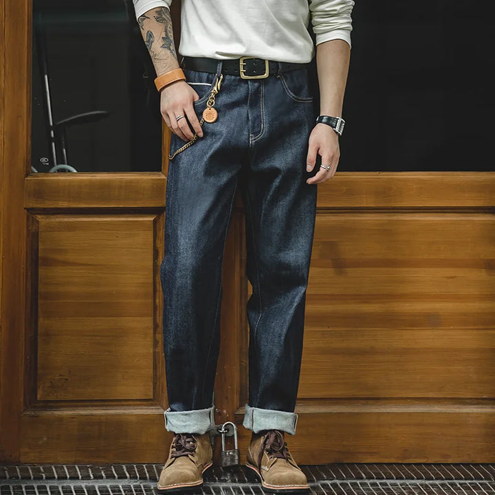 Maden Vintage Raw Denim Jeans for Men Cargo Selvedge Denim Jeans Slim Fit Straight Trousers 13.5OZ Mid Waist Dark Blue Pants