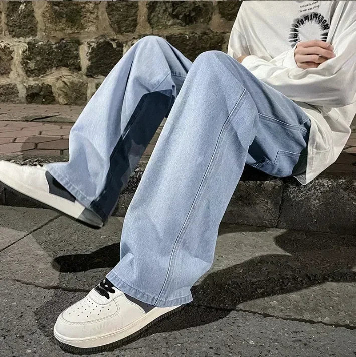2025 New Streetwear Loose Jeans Men Korean Style Fashion Loose Straight Wide Leg Pants Men's Brand Clothing Black Light Blue