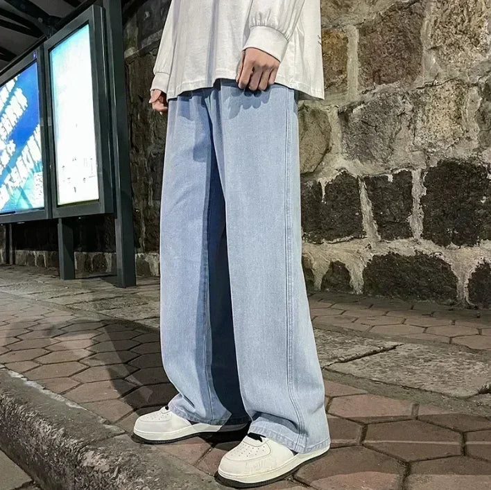 2025 New Streetwear Loose Jeans Men Korean Style Fashion Loose Straight Wide Leg Pants Men's Brand Clothing Black Light Blue