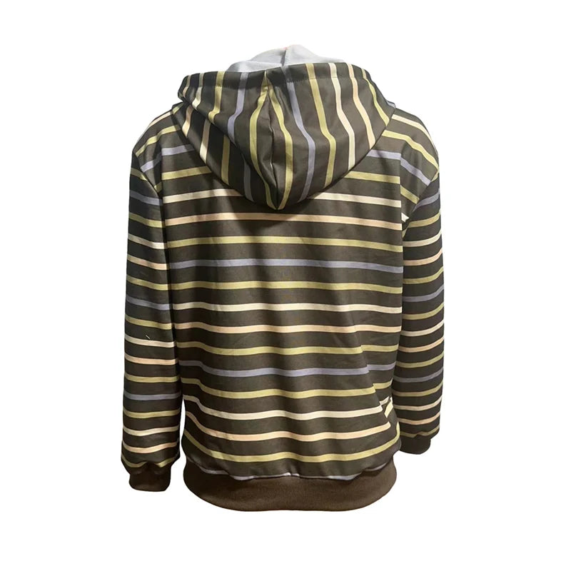 Women Zip Up Drawstring Hoodie Casual Striped Long Sleeve Sweatshirt Jacket Autumn Streetwear