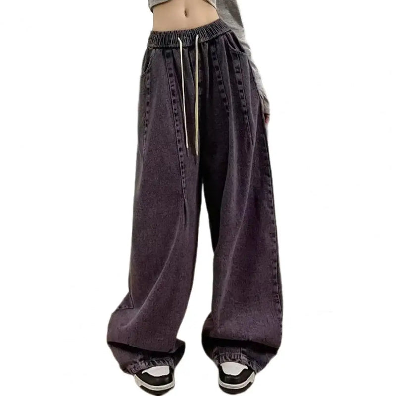 Loose Jeans Unisex Denim Jeans Vintage Wide Leg Denim Jeans with Elastic Waist Deep Crotch Pockets Women's Streetwear for Hip