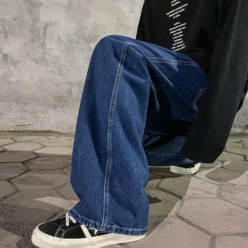 2025 New Streetwear Loose Jeans Men Korean Style Fashion Loose Straight Wide Leg Pants Men's Brand Clothing Black Light Blue