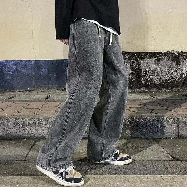 2025 New Streetwear Loose Jeans Men Korean Style Fashion Loose Straight Wide Leg Pants Men's Brand Clothing Black Light Blue
