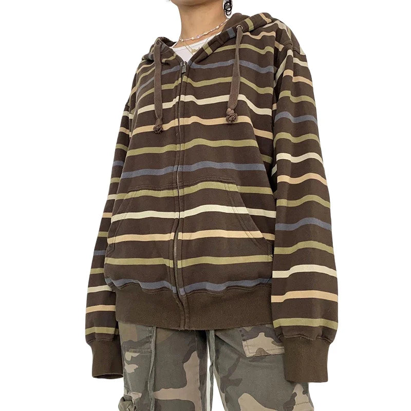 Women Zip Up Drawstring Hoodie Casual Striped Long Sleeve Sweatshirt Jacket Autumn Streetwear