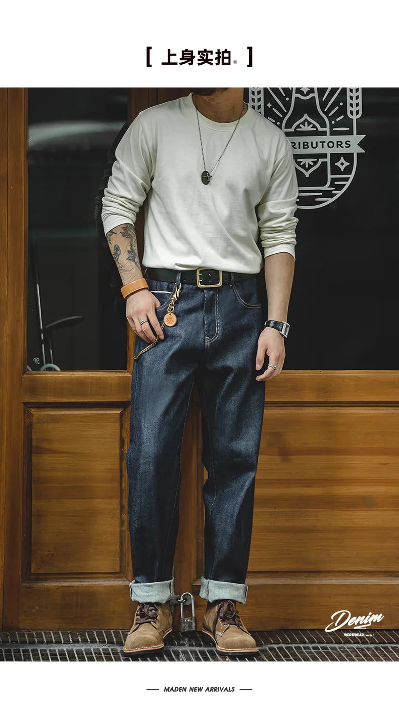 Maden Vintage Raw Denim Jeans for Men Cargo Selvedge Denim Jeans Slim Fit Straight Trousers 13.5OZ Mid Waist Dark Blue Pants