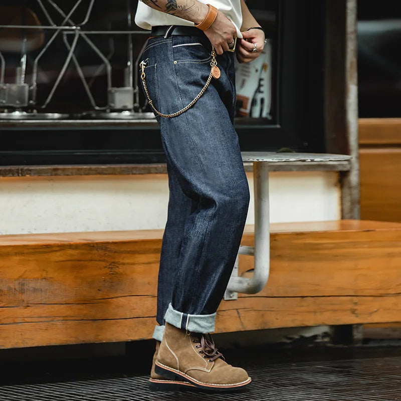 Maden Vintage Raw Denim Jeans for Men Cargo Selvedge Denim Jeans Slim Fit Straight Trousers 13.5OZ Mid Waist Dark Blue Pants