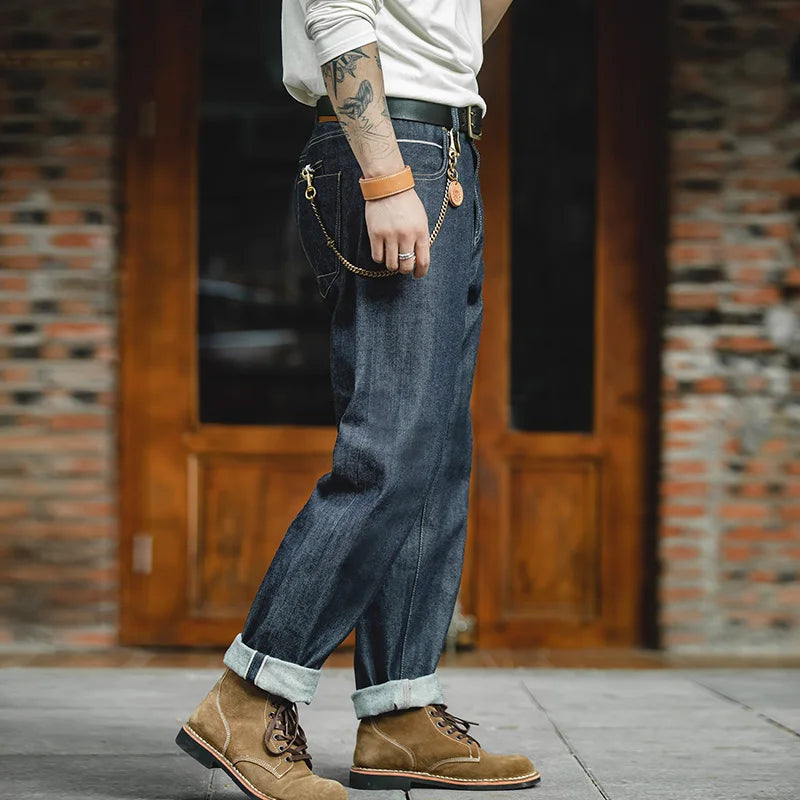 Maden Vintage Raw Denim Jeans for Men Cargo Selvedge Denim Jeans Slim Fit Straight Trousers 13.5OZ Mid Waist Dark Blue Pants