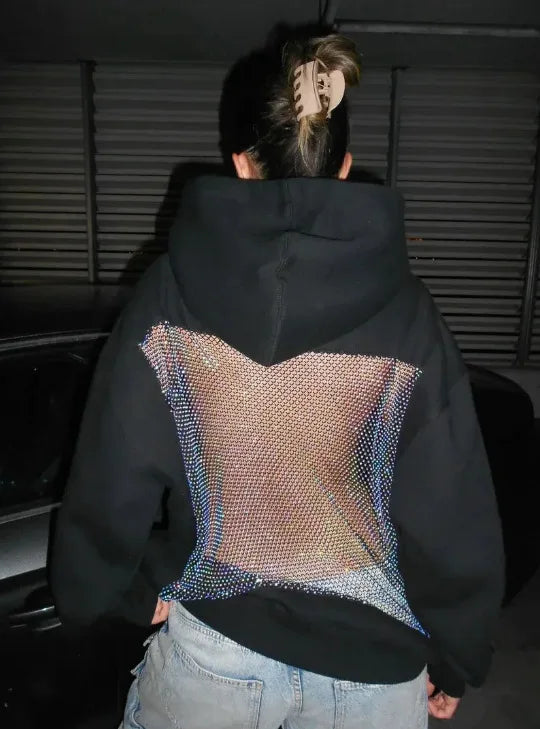 Streetwear Trendy Hoodie Women Fashion Solid Color See Through Backless Hooded Pullover Sweatshirt Female High Street 2025 New